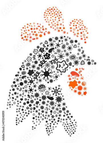 Vector infectious rooster head icon collage of contagious microbes. Rooster head collage is done of virus items, parasites, microbes, spores, contagious agents, and based on rooster head icon.