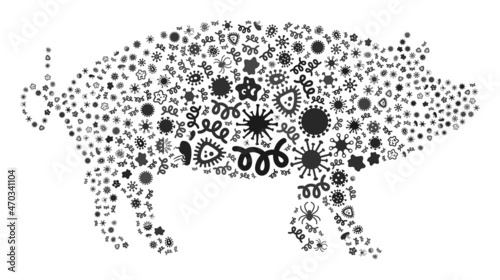 Vector virus pig icon composition of contagious microbes. Pig collage is done of infection items  parasites  microbes  spores  contagious agents  and based on pig icon.