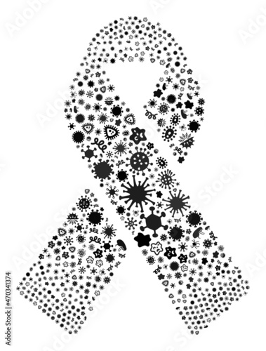 Vector infectious mourning ribbon icon mosaic of pandemic items. Mourning ribbon mosaic is formed of infectious items, parasites, microbes, spores, contagious agents,