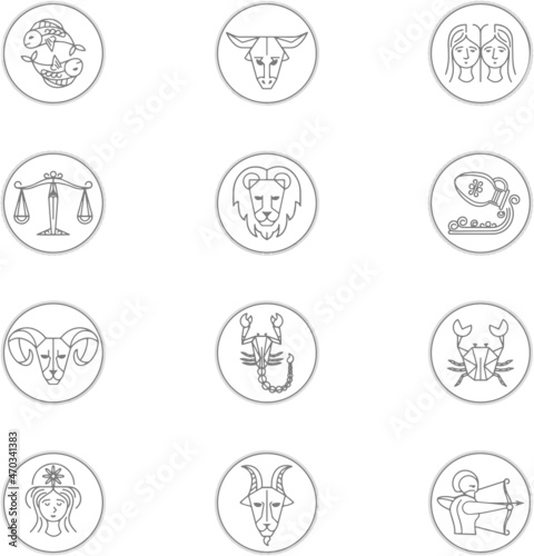 Vector graphic illustration of zodiac signs. Aries; Taurus; Gemini; Cancer; Leo; Virgo; Libra; Scorpio; Sagittarius; Capricorn; Aquarius and Pisces.