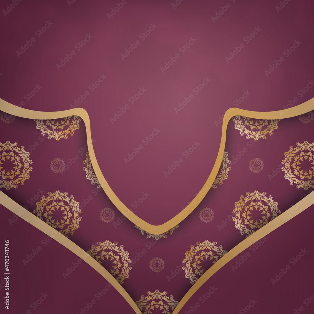 Template postcard burgundy color with a gold mandala pattern for your congratulations.