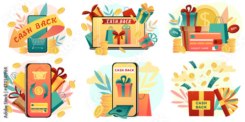 Loyalty program design concept set. Cash back service on mobile smartphone app, application of payment by credit card on online shopping. Bonus system to return money. Vector illustration