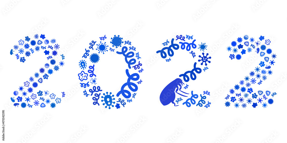 Vector infectious 2022 digits text icon collage of contagious items. 2022 digits text mosaic is made of infectious items, parasites, microbes, spores, contagious agents,