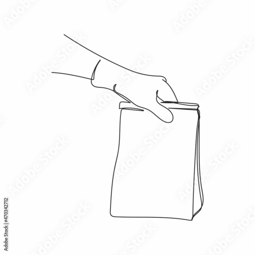 Vector continuous one single line drawing icon of hand holding bag delivery concept in silhouette sketch on white background. Linear stylized.