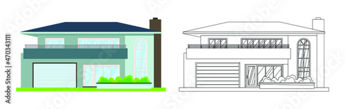 Vector illustration of a house on a white background. Sweet home. Icons for cottages, townhouses, villas, houses, buildings. A hand drawn house. The project of the building. Drawing of the house