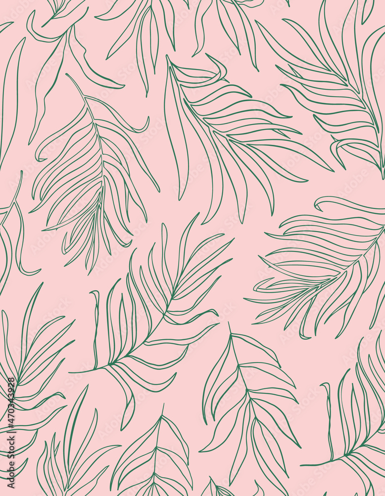 Tropical line art leaves seamless repeat pattern. Random placed, green vector botanical herb plant illustration all over surface print on pink background.