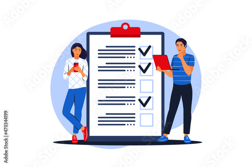 Customers filling up survey form. Vector illustration. Flat