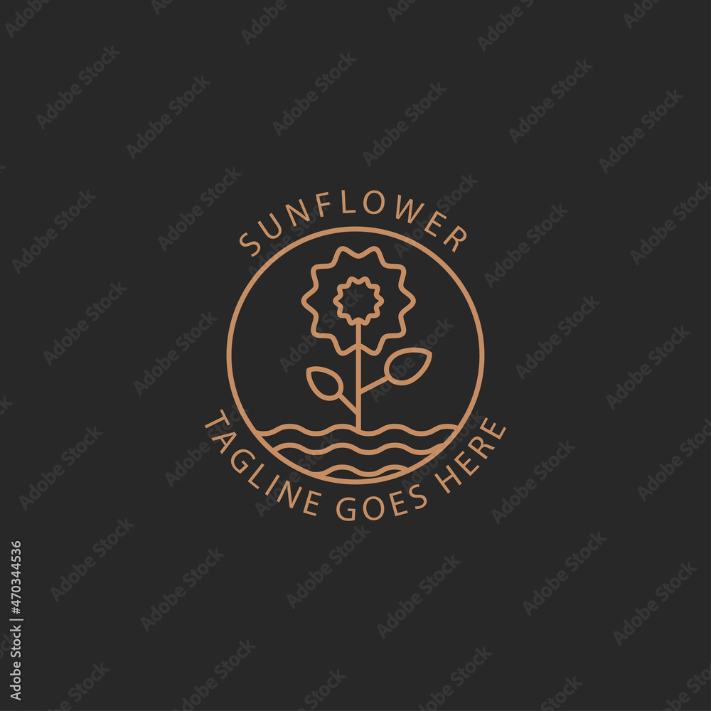 Fototapeta premium sunflower logo with stem in gold color, vintage logo design with line art icon style.