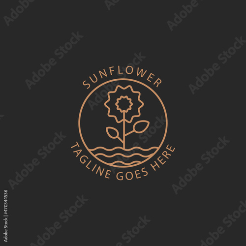 sunflower logo with stem in gold color, vintage logo design with line art icon style.