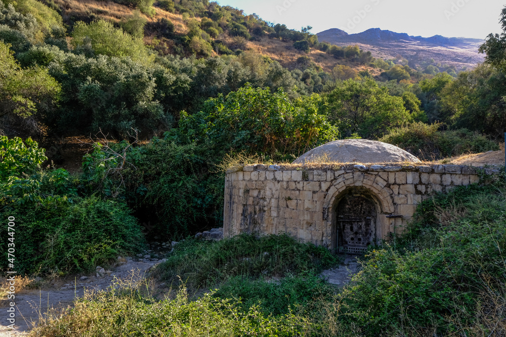 View of Ein Kadan spring, locked in a dome-covered building at Hahal Rosh Pina reserve, located on the slopes of Mount Kana'an, Upper Galilee, Israel.