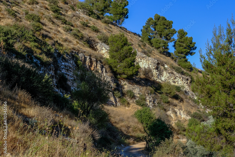 The rocky mountain slope of Mount Kana'an is seen from the circular trail leading down to Rosh Pina, Upper Galilee, Israel.  