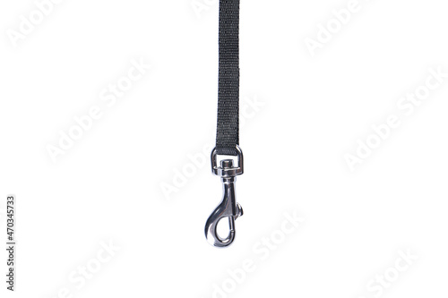 Dog leash with carabiner isolated on a white, top view.
