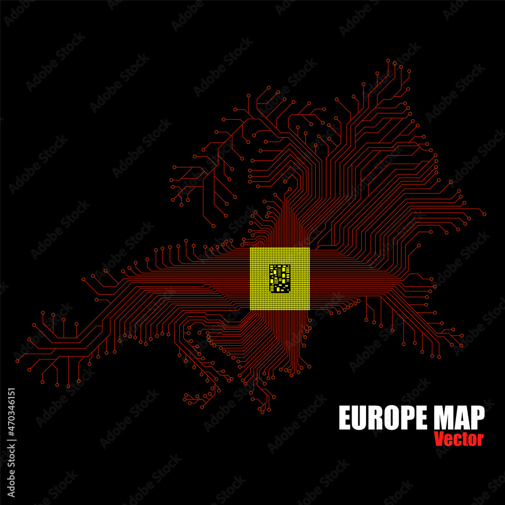 Abstract Europe map with cpu. Circuit board. Technology background ...