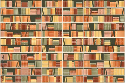 Library with bookcases. Many different books on the shelves. Large selection of books in a bookcase. Vector image for printing on wallpaper.