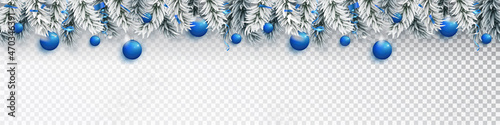 Blue Christmas border with fir silver branch blue balls. Traditional holiday decorations