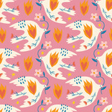 Dove of peace childish cartoon boho naive funky handdrawn style art seamless pattern