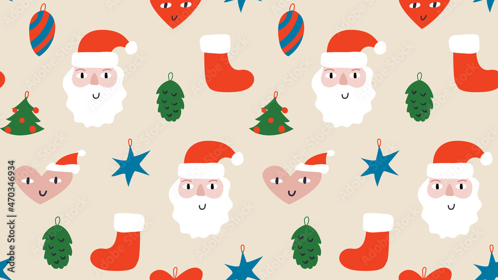 Holiday seamless pattern with santa, socks, christmas tree, stars and hearts. Funny and funky faces. Vector seamless background. Trendy hand-drawn elements