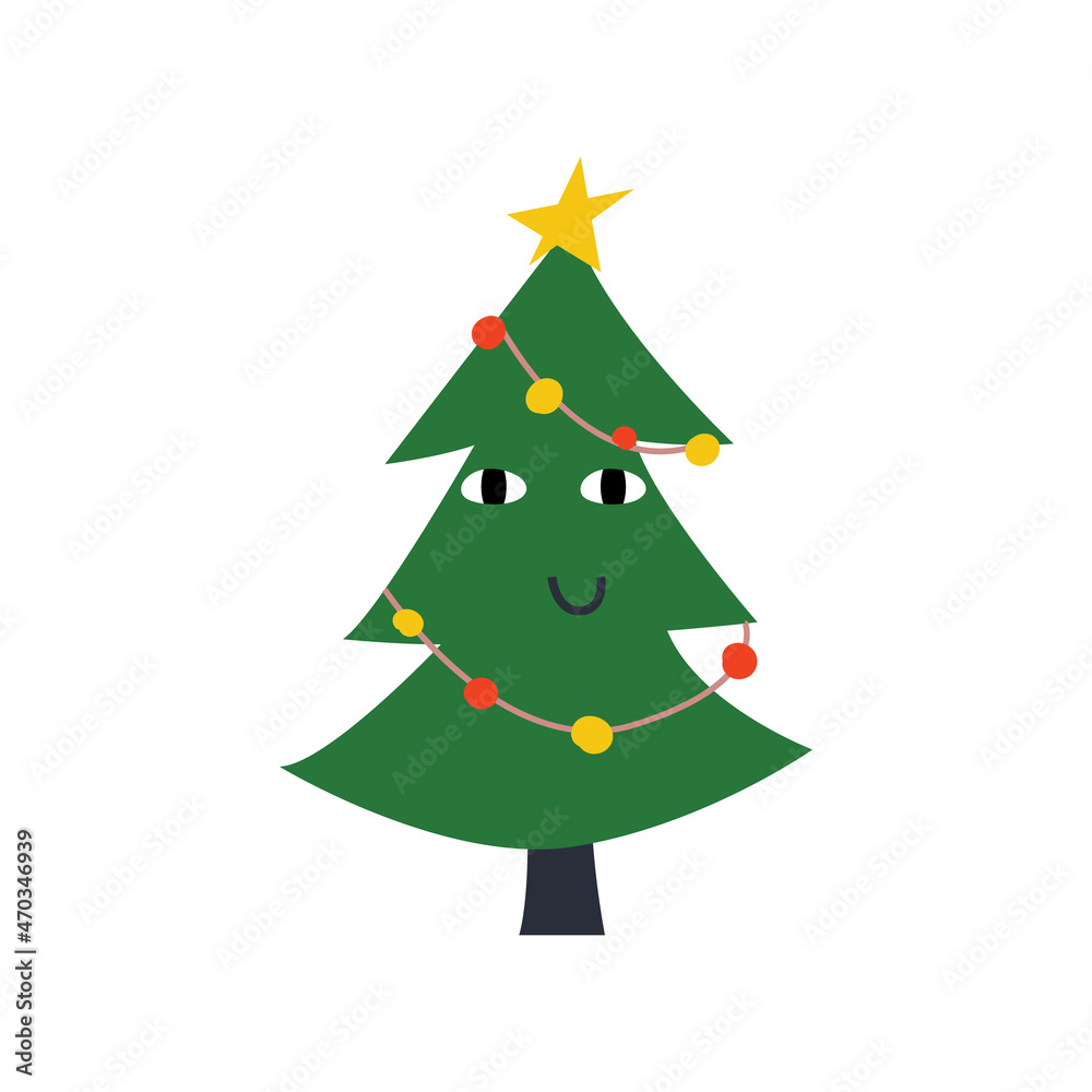 Cute illustration of christmas tree with funny face. Isolated white background Cute illustration of christmas tree with funny face. Isolated white background