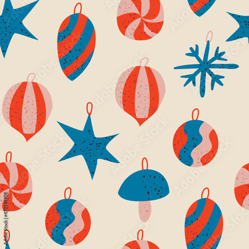 Christmas decorations balls, stars and snowflakes. Retro seamless textured pattern. Hand drawn vector background