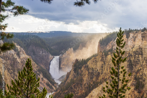 Iconic summer view of the Lower Falls of the Yellowstone River in Wyoming