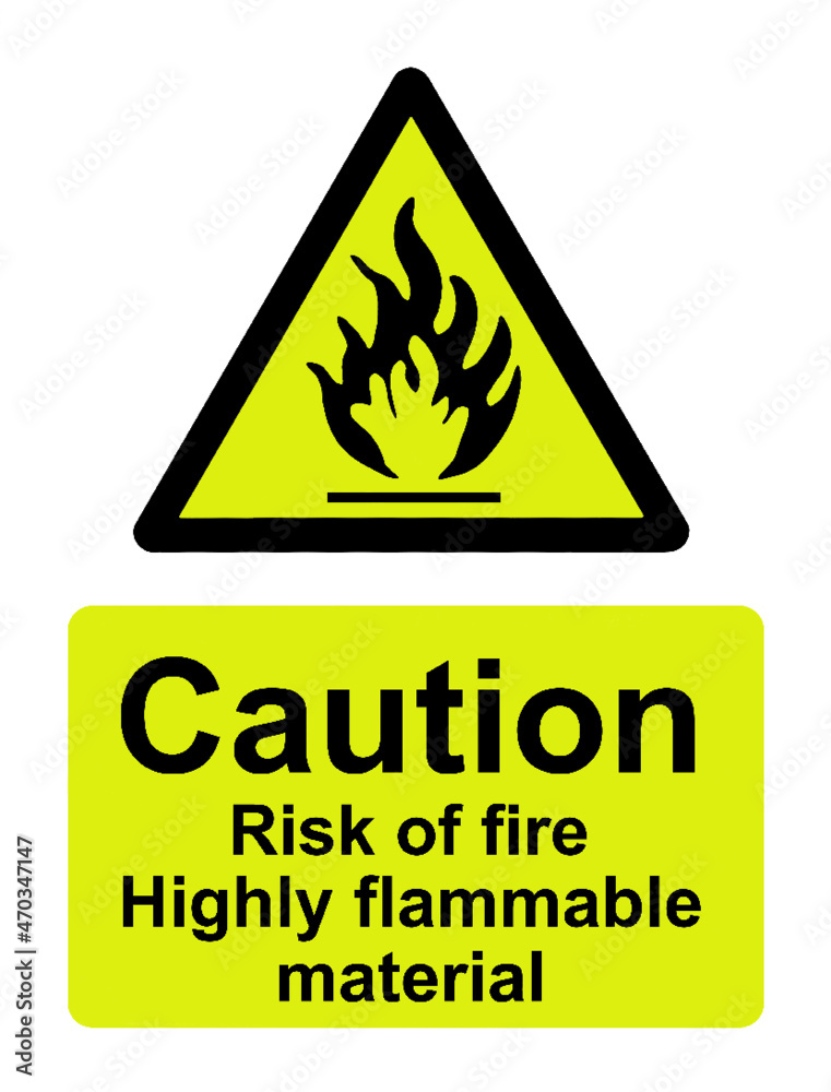 Caution risk of fire, highly flammable yellow warning sign Stock Vector