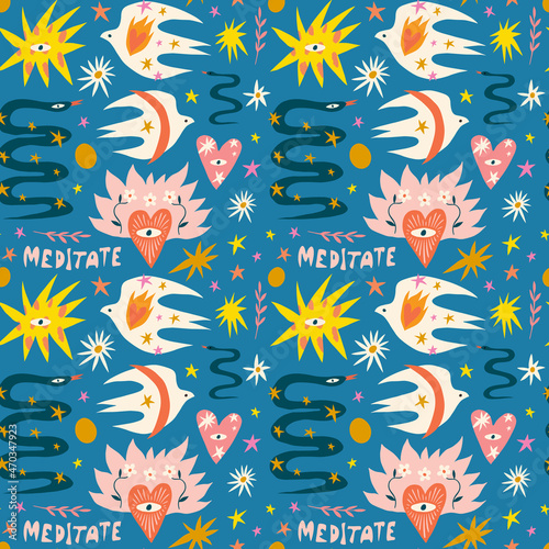 Peace and love doodles childish cartoon boho naive funky handdrawn style art seamless pattern