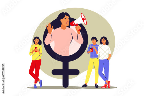 Feminism concept. Girl power and feminist movement. Woman with megaphone. Vector illustration. Flat.