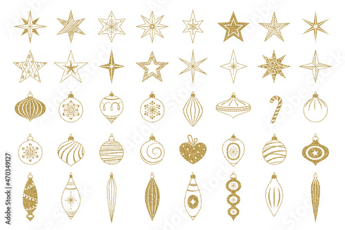 Gold Christmas decoration set. Gold glitter texture. Christmas holiday symbols, balls, stars, snowflakes on transparent background.