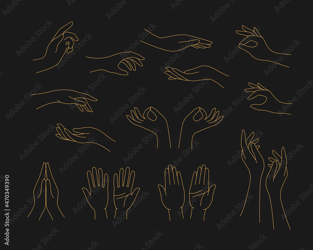 Woman gold outline hands celestial on the black background. Woman gold outline hands celestial on the black background.