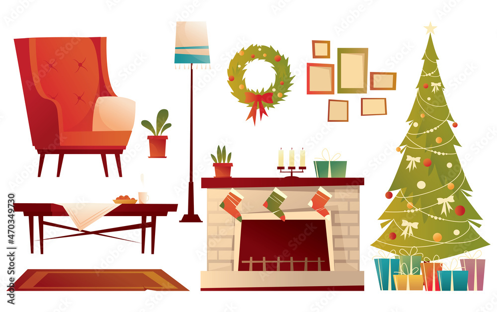 Christmas set of home supplies. Armchair, tree, fireplace, sock with gifts, wreath.