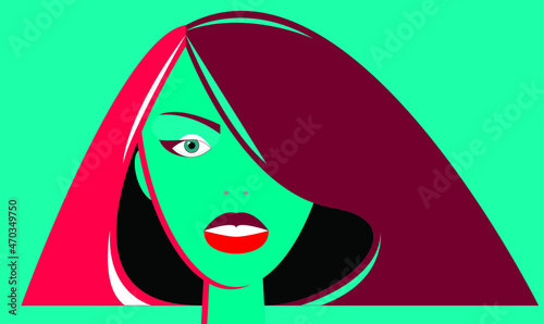 Vector graphics - portrait of a beautiful young woman with green skin and red hair, with a fashionable hairstyle and space to copy. Concept beauty salon
