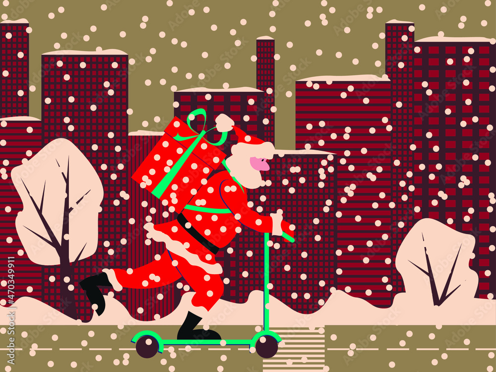 Fototapeta premium Vector graphics - Santa Claus in a red suit rides along the road on a scooter with a big gift on a street with tall modern houses and snowfall. Concept Christmas greeting card