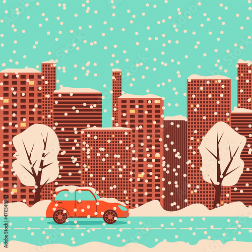 Vector graphics - conceptual postcard - urban landscape with skyscrapers, trees, snowdrifts and a car on the road and snowfall. Concept - welcome, winter