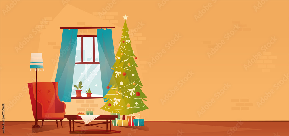 Living room decorated for Christmas and New Year. An empty armchair near a Christmas tree with gifts and a fireplace. Vector flat illustration.