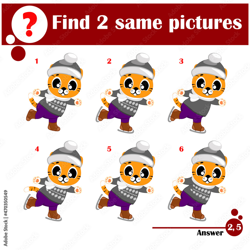 The educational kid matching game for preschool kids with easy gaming level, he task is to find similar objects, to compare items and find two same tiger The educational kid matching game for preschool kids with easy gaming level, he task is to find similar objects, to compare items and find two same tiger