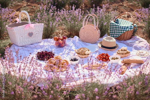 Obraz na plátně Picnic in lavender field at sunny day