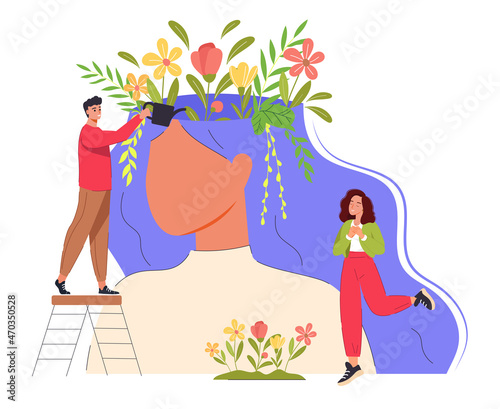 Mental health concept. Tiny people and flowers inside female head abstract vector illustration. Positive thinking, self care, healthy slow life. Wellbeing, wellness mind. Acceptance, blooming brain.