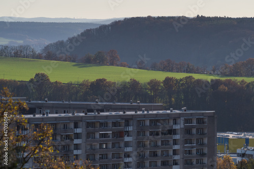 Jena Lobeda block of flats at autumn 2021, copy space photo
