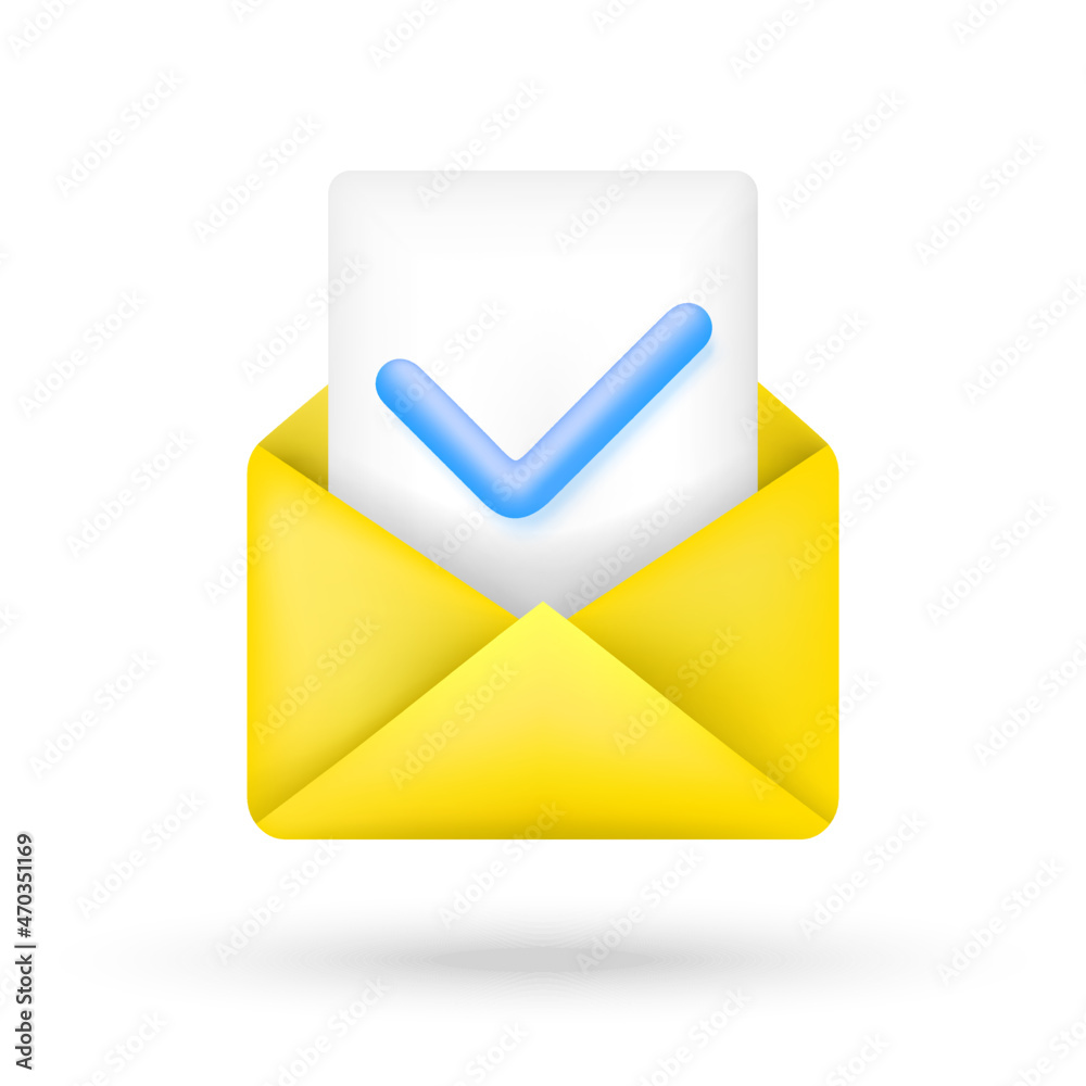 Open envelope with document. File icon with check mark in 3d cartoon style. Vector illustration.