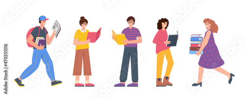 Set of book lovers, readers, literature fans or students isolated on white background. Reading men and women with books. Education, literature, knowledge flat or cartoon vector illustration.