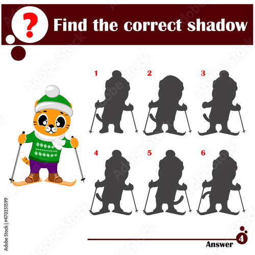 Find a suitable shadow. Cute tiger on skis. Cartoon vector illustration for children