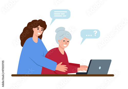 Young girl helps senior woman to use computer and internet. Old lady studying to work on laptop or chatting. Social care for elderly people with technology. Flat or cartoon vector illustration.