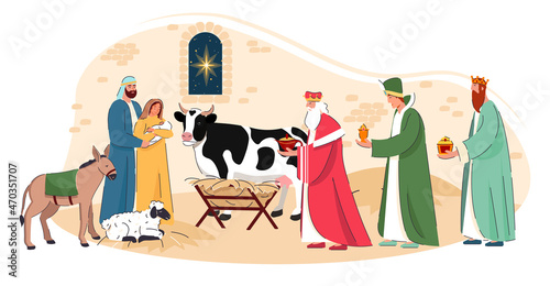 Biblical vector illustration of the Nativity. Holy Family and the three wise men giving treasures to baby Jesus. Wise men journey to Bethlehem. Baby Jesus in the manger. Merry Christmas background.