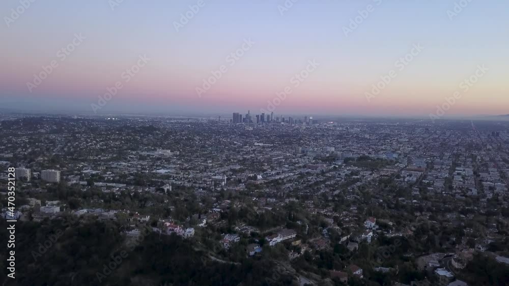 Los Angeles city center skyline seen from above at night. Los Angeles city center skyline seen from above at night.