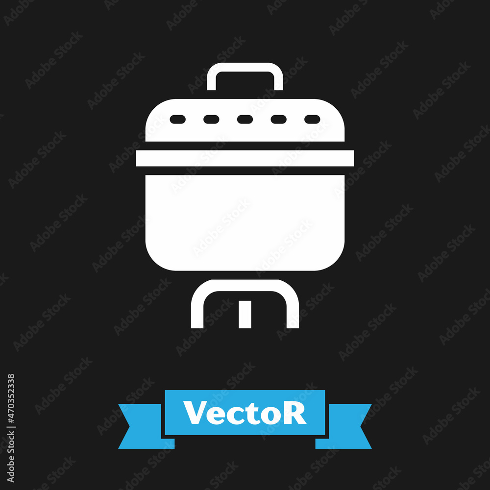 White Cooking pot icon isolated on black background. Boil or stew food symbol. Vector White Cooking pot icon isolated on black background. Boil or stew food symbol. Vector