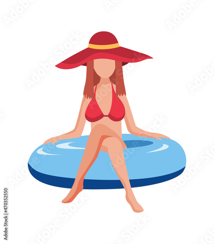 Woman float on air mattress. Fun female character with hat. Young lady swimming on inflatable ring. Summertime flat cartoon illustration