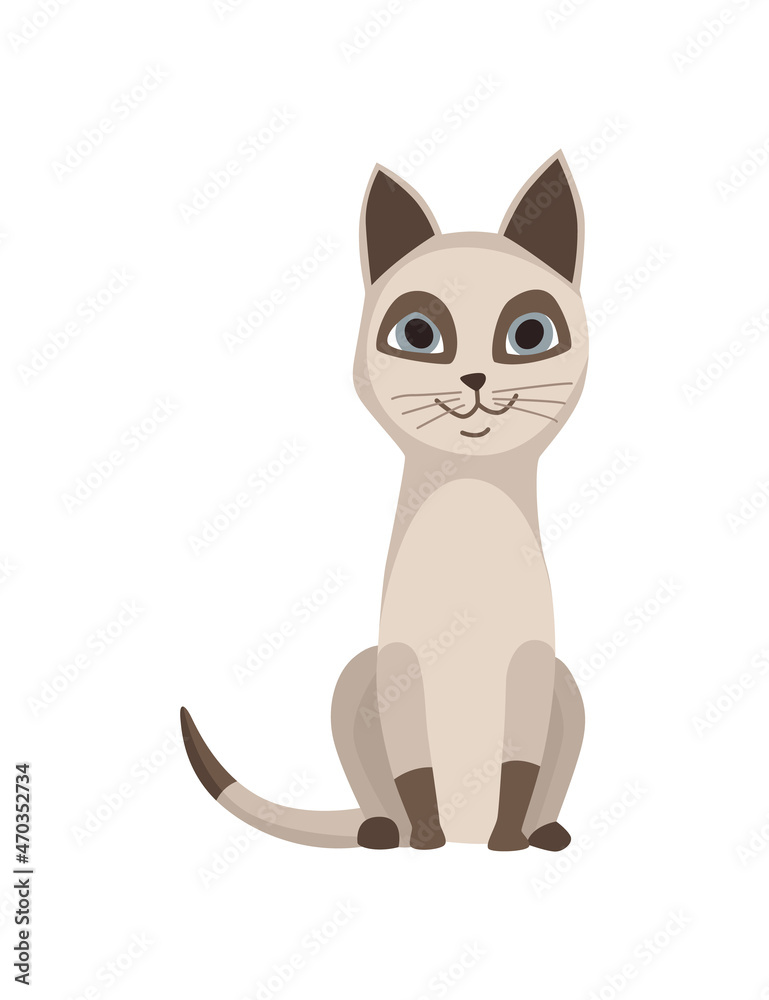 Cartoon cat character. Siamese colorpoint pet. Adorable domestic cat sitting. Funny happy and playful animal. Cute two color kitten