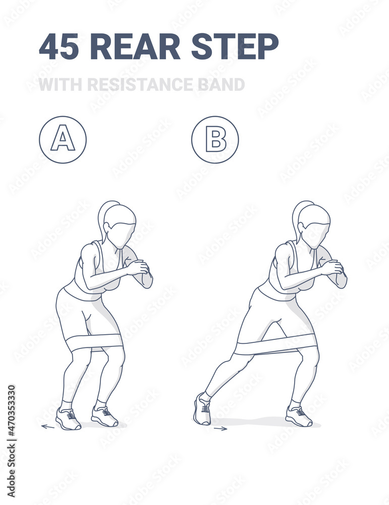 45 Degree Rear Step with Resistance Band Cardio Bunny Exercise. Steps Back with Fitness Band.