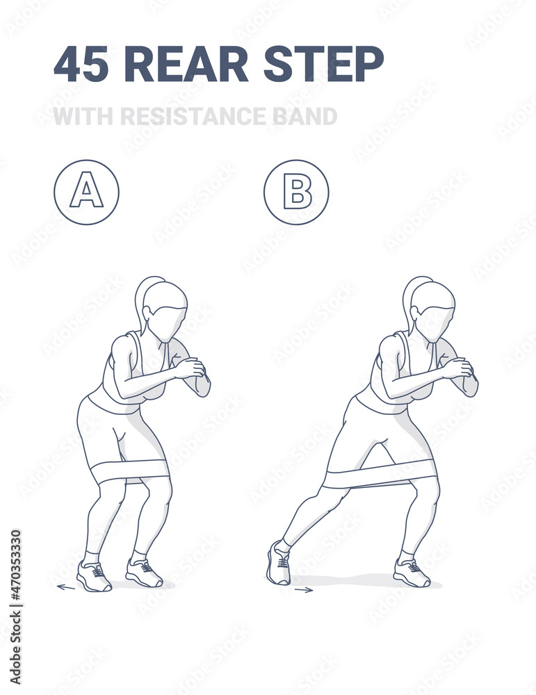 45 Degree Rear Step with Resistance Band Cardio Bunny Exercise. Steps Back with Fitness Band. 45 Degree Rear Step with Resistance Band Cardio Bunny Exercise. Steps Back with Fitness Band.