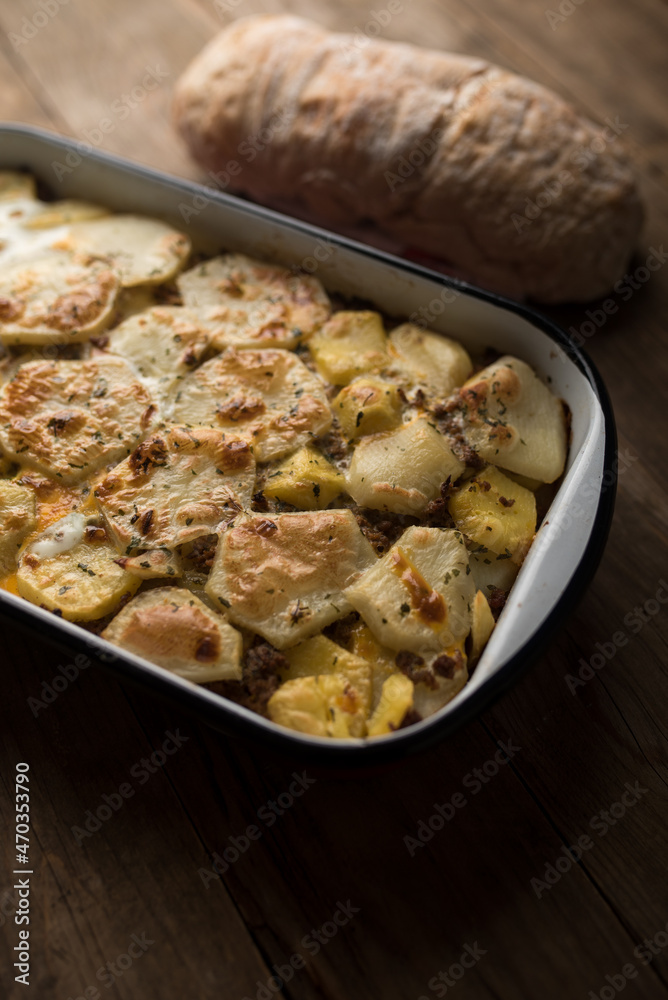 Moussaka, potato-based dish popular in Balkan and Mediterranean cuisines Moussaka, potato-based dish popular in Balkan and Mediterranean cuisines